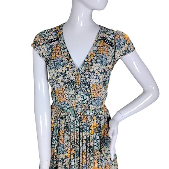 American Eagle Bohemian Dress Size XS Floral Maxi Length Short Sleeve Pullover - Picture 2 of 8